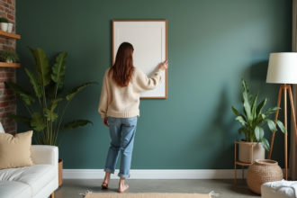 Jeune femme arrangeant une œuvre d'art sur un mur vert dans un salon moderne