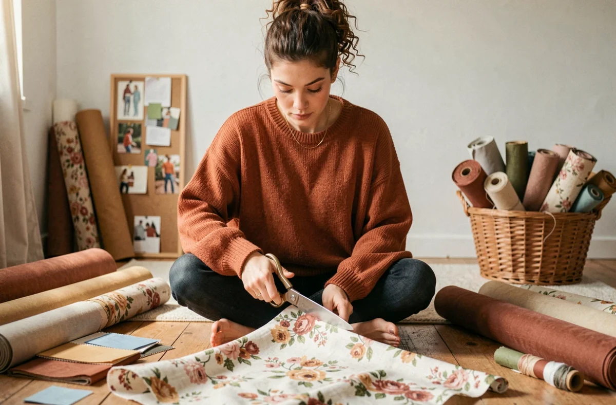 Jeune femme assise au sol découpant un rouleau de tissu lin fleuri pour un projet DIY créatif