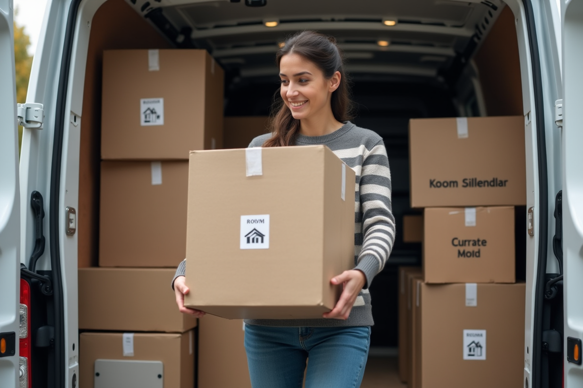 Jeune femme empilant des cartons dans un van