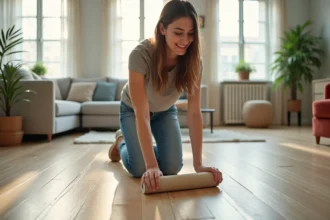 Femme professionnelle posant sur un sol PVC en rénovation