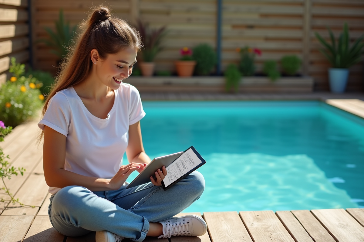 Jeune femme assise près de la piscine avec une tablette