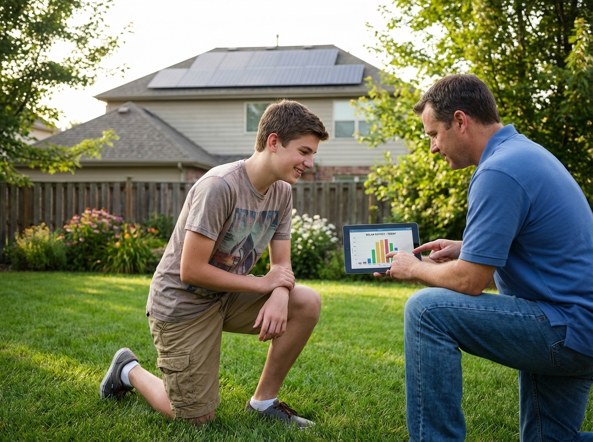 Adolescent montrant des données solaires à son père