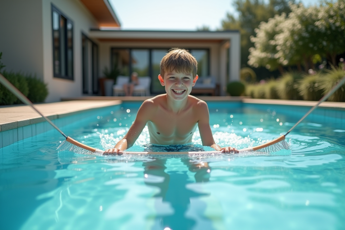 Garçon utilisant un filet pour nettoyer la piscine en été