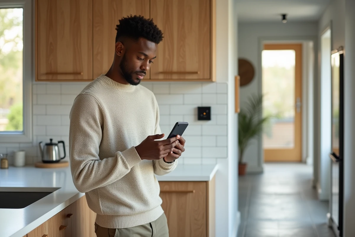 Jeune homme dans la cuisine utilisant son smartphone
