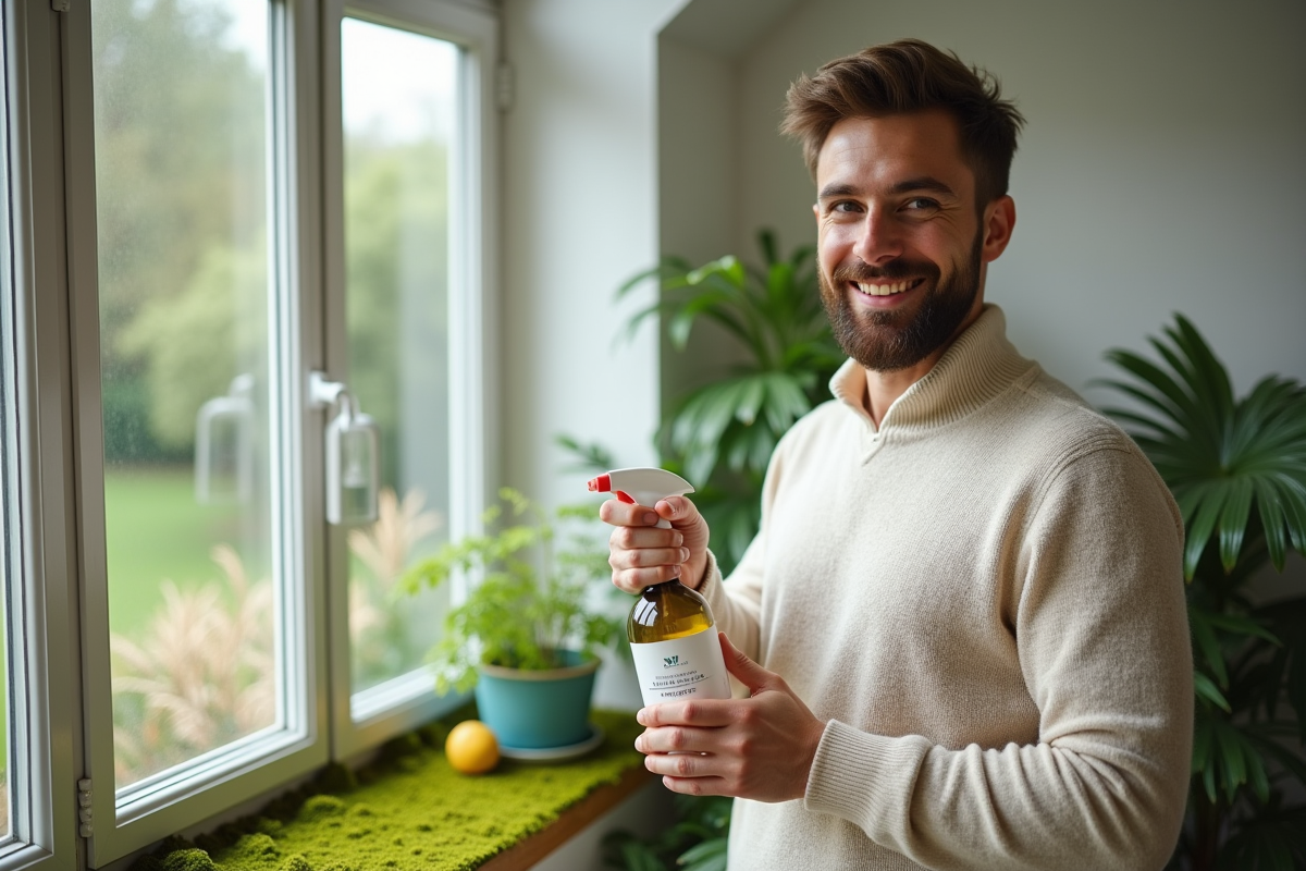 Jeune homme vaporisant du vinaigre blanc sur une fenêtre