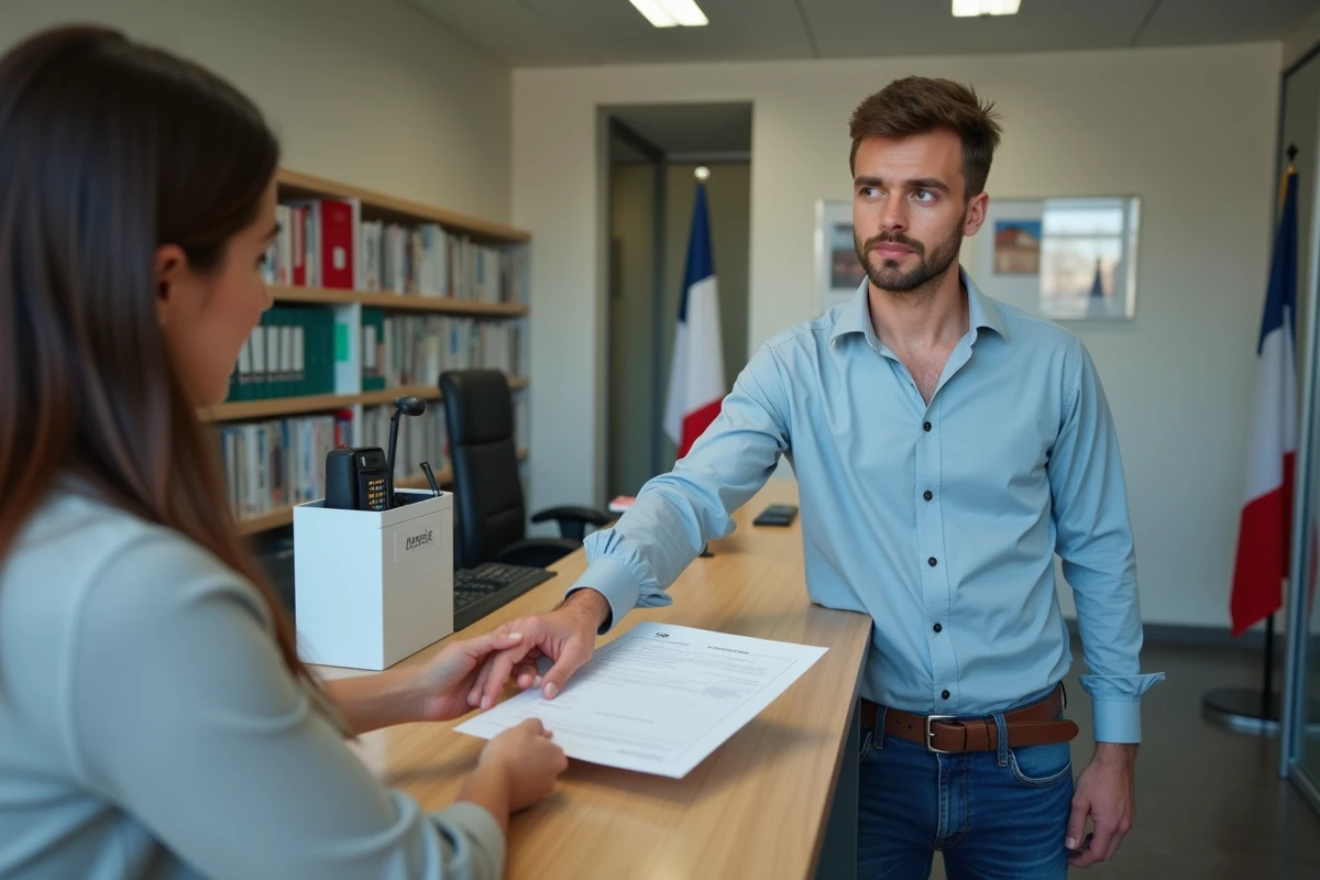 Jeune homme remettant un formulaire d attestation de domicile au guichet
