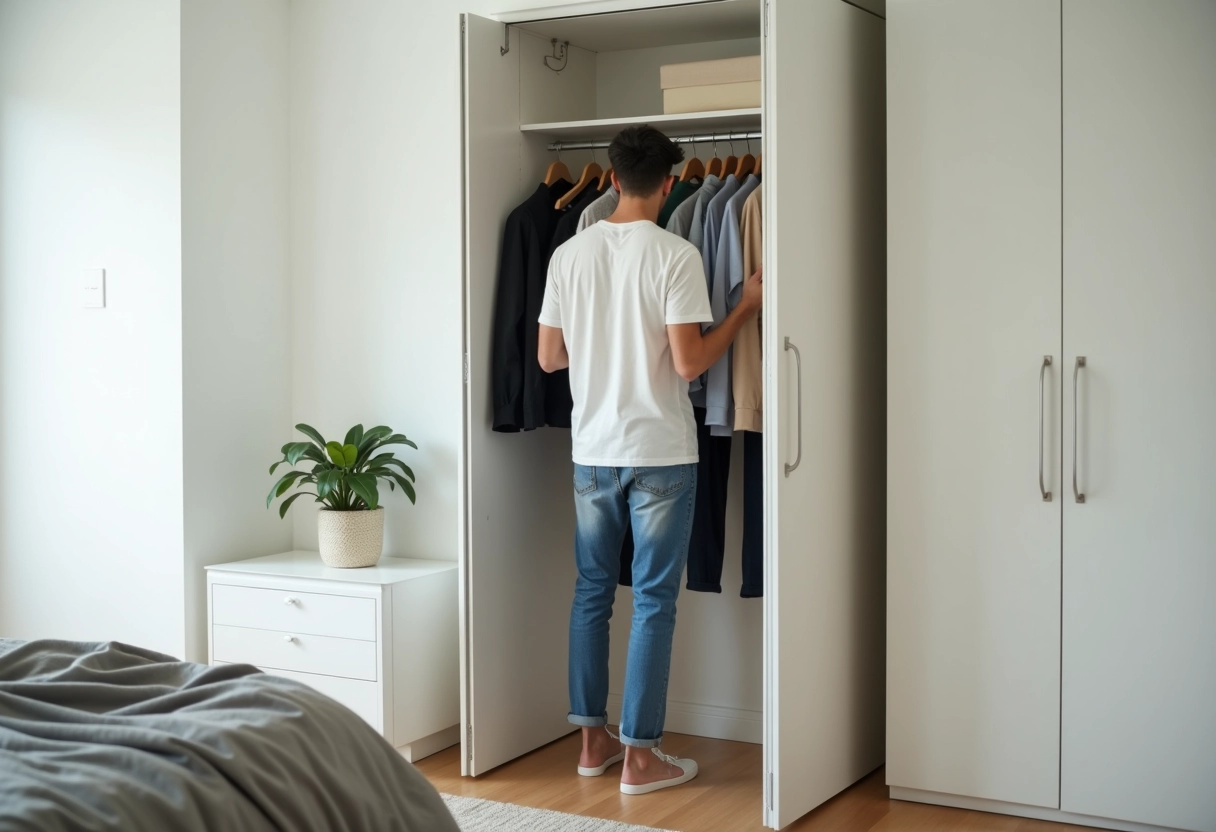 Jeune homme choisissant des vêtements dans une chambre ordonnee