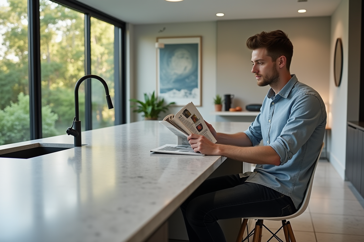 Jeune homme assis à un îlot en quartz dans un espace contemporain