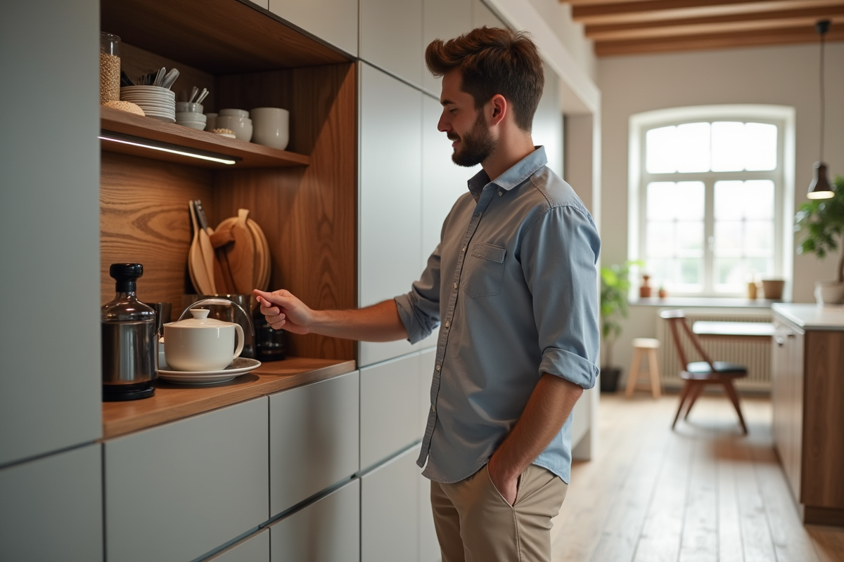 Jeune homme examinant des solutions de rangement dans une cuisine