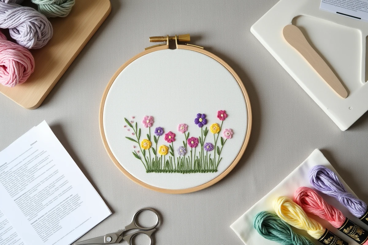 Vue à plat d'un kit de broderie débutant avec cerceau en bois, fils colorés, patron imprimé et ciseaux sur fond lin gris clair