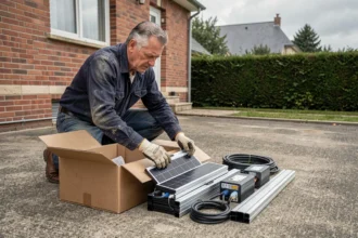Homme déballant un kit complet de panneaux solaires pas cher devant sa maison