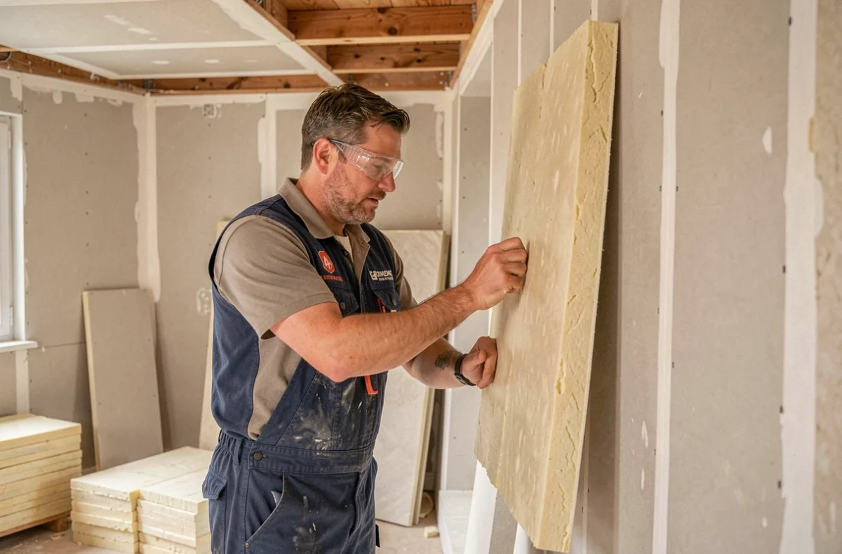 Artisan posant des panneaux d'isolation intérieure lors d'une rénovation à Annoeullin pour Label Deco