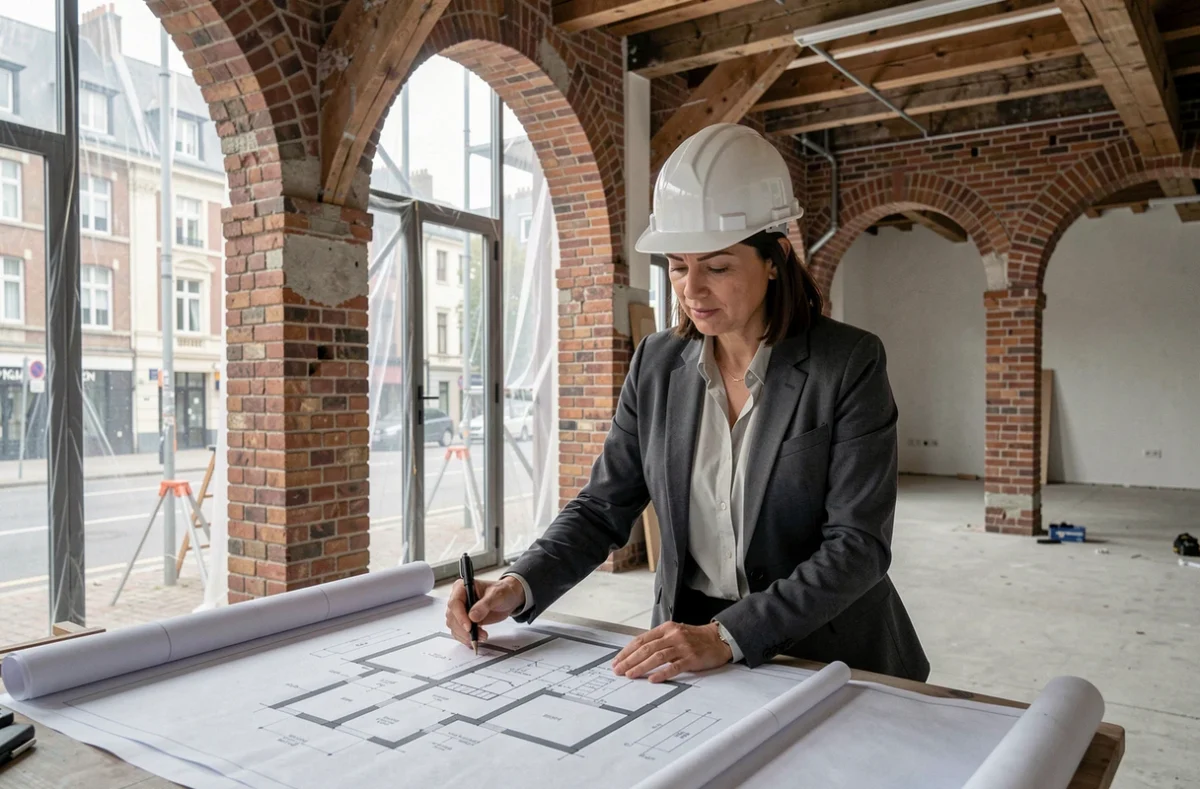 Architecte de Lille Architecteurs Peyronnet consultant des plans sur un chantier de rénovation architecturale à Lille