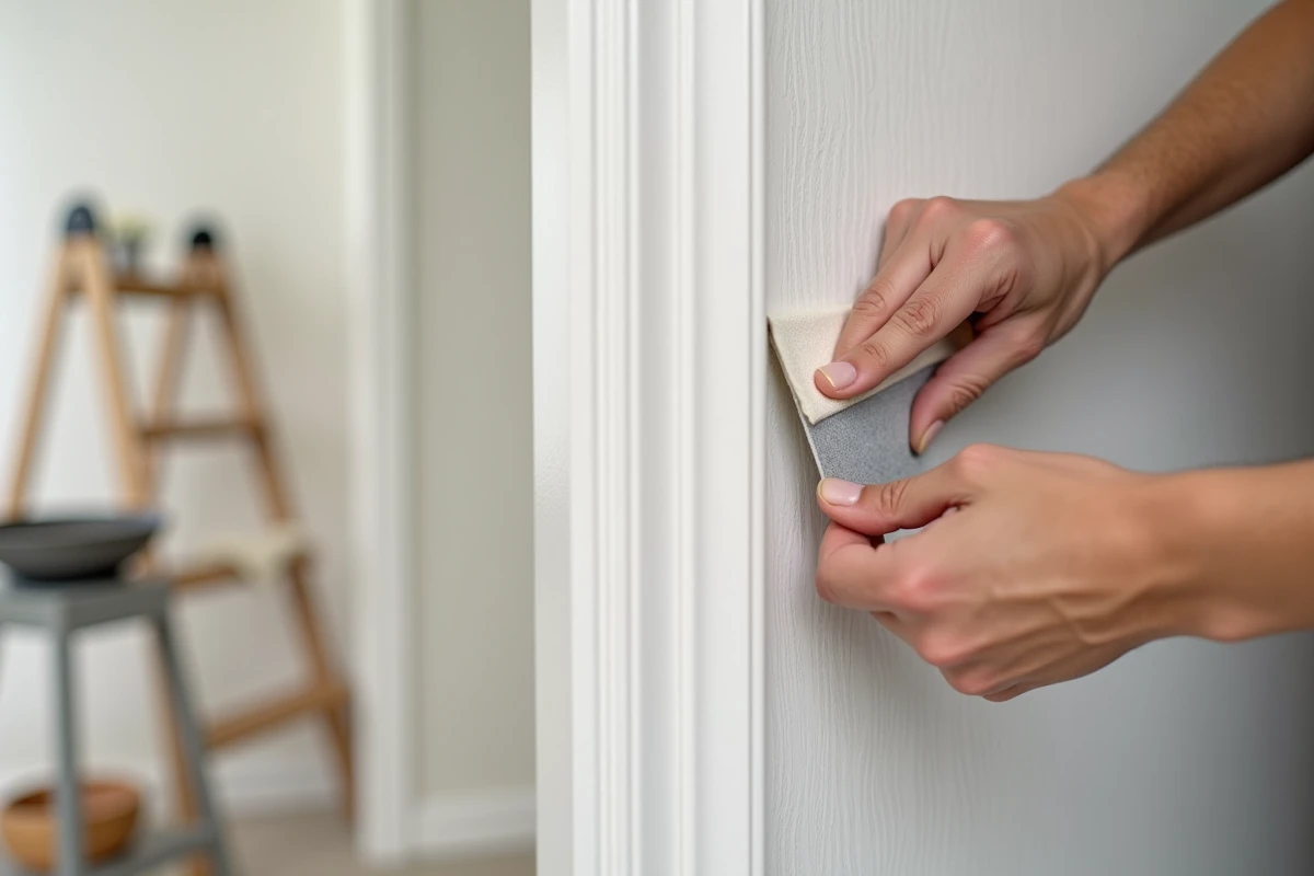 Gros plan des mains lissant le bord d'un revêtement mural autocollant pour éliminer les bulles et défauts à la pose