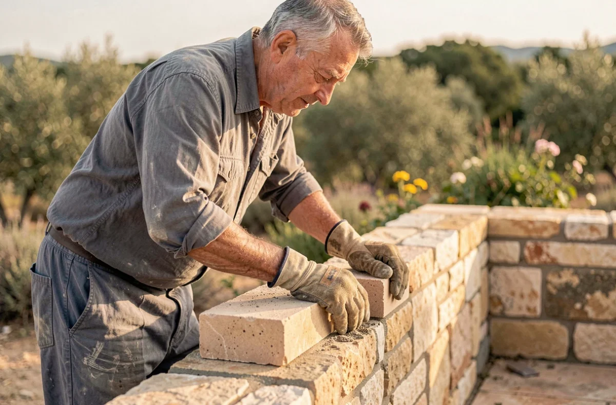 Artisan maçon expérimenté posant des pierres de taille sur une terrasse provençale dans les Bouches-du-Rhône pour LM Maçonnerie