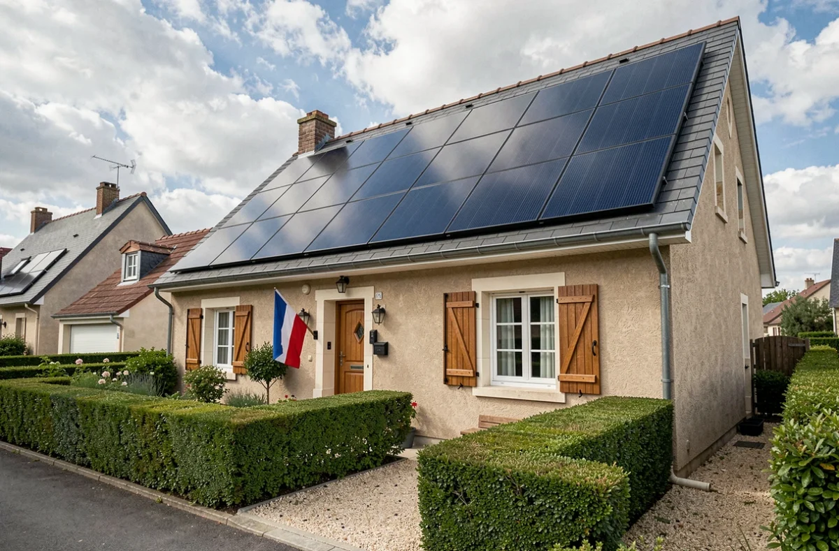 Maison individuelle française équipée de panneaux solaires sur le toit avec jardin en façade