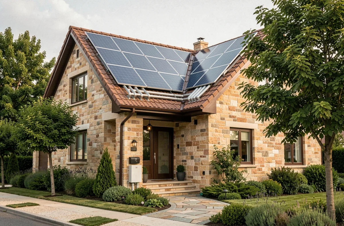 Maison individuelle équipée de panneaux solaires hybrides combinant photovoltaïque et thermique