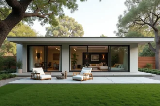 Maison de plain pied rectangulaire moderne avec grande baie vitrée et jardin soigné