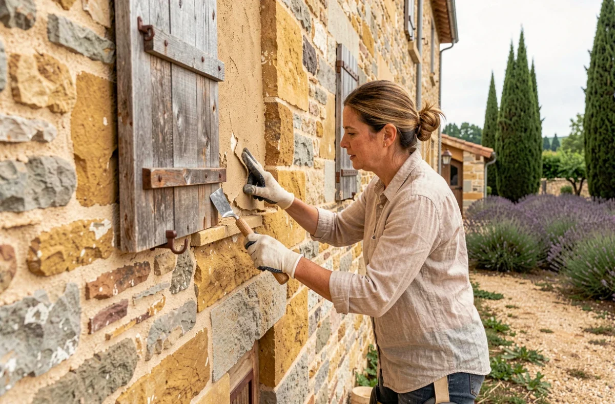 Spécialiste en rénovation restaurant la façade en pierre d'une bastide provençale ancienne pour Les Maisons Vertes Provençales