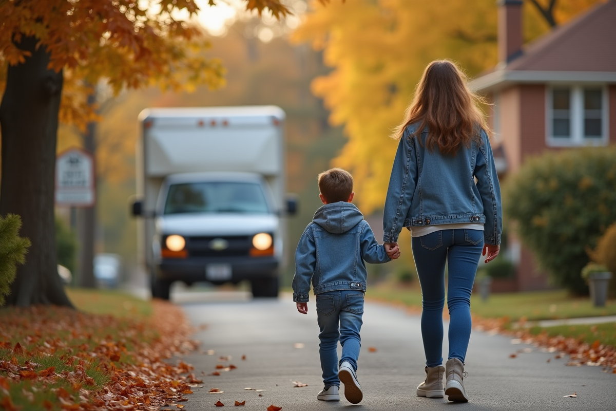 Mère et adolescent marchant vers une maison en déménagement