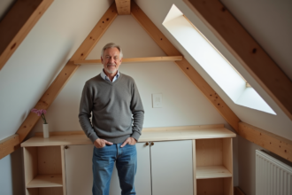 Homme d'âge moyen dans un grenier inspectant des étagères en bois