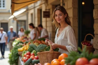 Femme faisant ses courses au marché en plein air de Nîmes avec un panier en osier, façades en pierre historique en arrière-plan