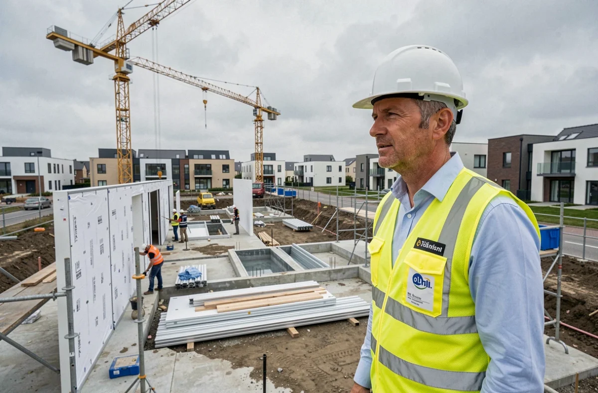 Chef de chantier Marignan supervisant l'installation de panneaux isolants sur une construction neuve à Lille