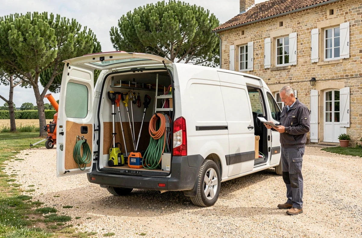 Véhicule et matériel d'élagage professionnel devant une propriété en Gironde avec technicien arboriste