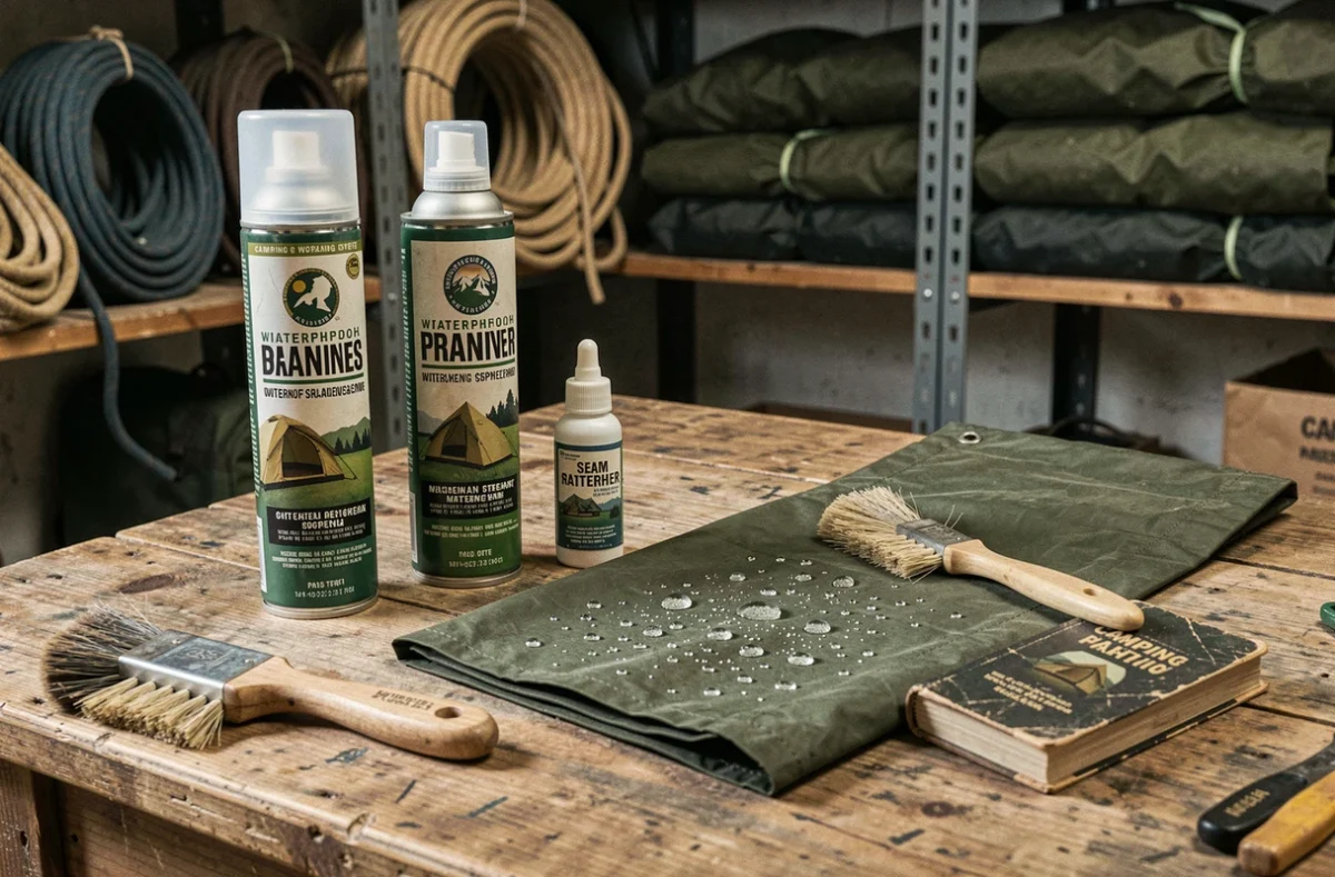 Matériel d'imperméabilisation pour tente de camping posé sur une table en bois : spray, produit d'étanchéité et tissu nylon avec effet déperlant