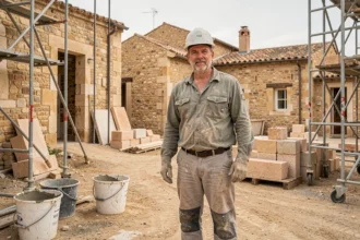Maçon professionnel sur un chantier de construction dans les Bouches-du-Rhône avec murs en pierre provençale