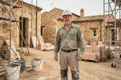 Maçon professionnel sur un chantier de construction dans les Bouches-du-Rhône avec murs en pierre provençale