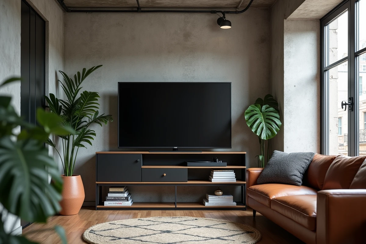 Meuble TV d'angle noir en métal et chêne massif dans un studio urbain avec plafond béton et fenêtre industrielle