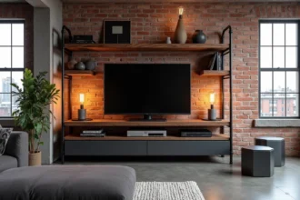 Meuble TV d'angle style industriel en bois récupéré et acier noir dans un loft urbain avec murs en briques apparentes