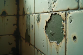 Moisissures noires et vertes sur un mur humide d'un appartement, peinture écaillée et traces d'humidité visibles