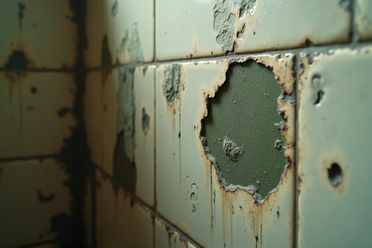 Moisissures noires et vertes sur un mur humide d'un appartement, peinture écaillée et traces d'humidité visibles