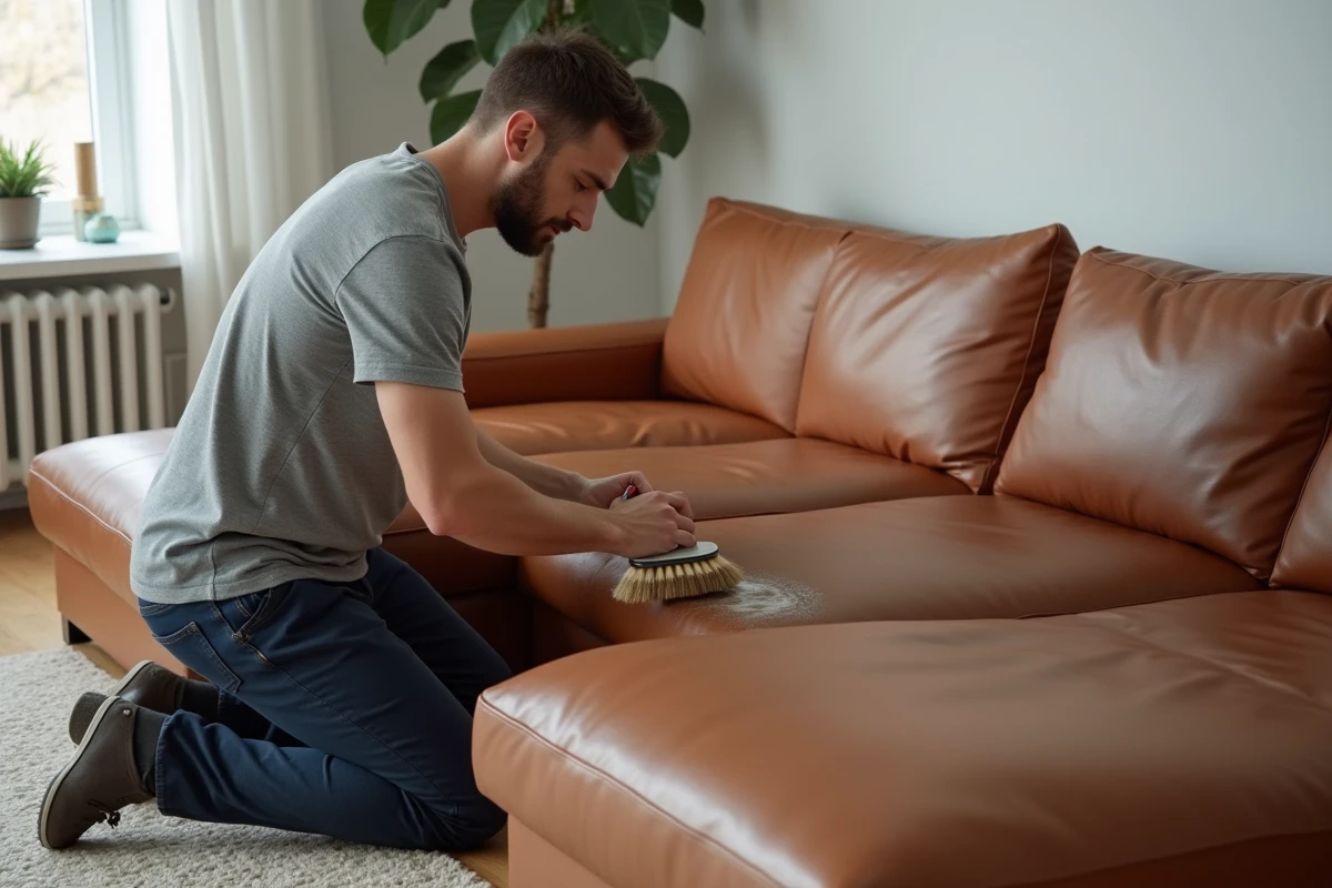 Homme nettoyant un canapé d'angle en cuir cognac avec une brosse douce dans un appartement de style scandinave