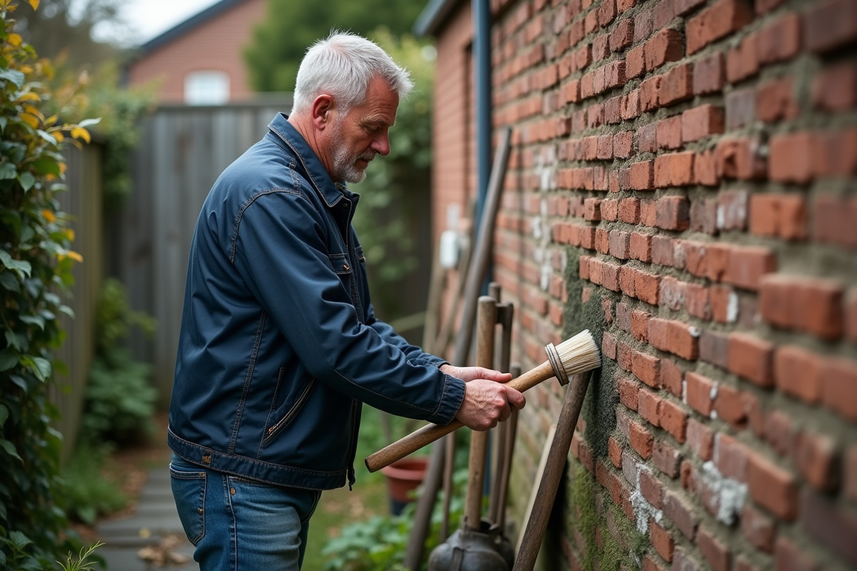 Homme nettoyant une vieille brique extérieure avec une brosse