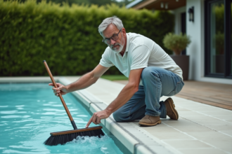 Homme d'âge moyen nettoyant la piscine avec une brosse