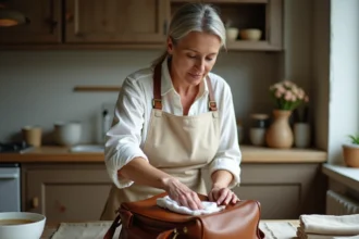 Femme nettoyant un sac en cuir moisi avec un chiffon doux sur une table en bois rustique