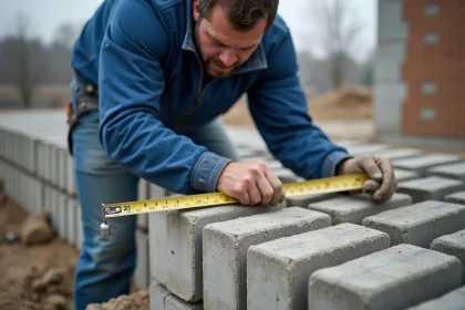 Ouvrier construction mesurant des blocs de béton
