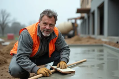 Ouvrier en chantier mesurant une dalle béton avec un carnet de calculs pour estimer le dosage en matériaux