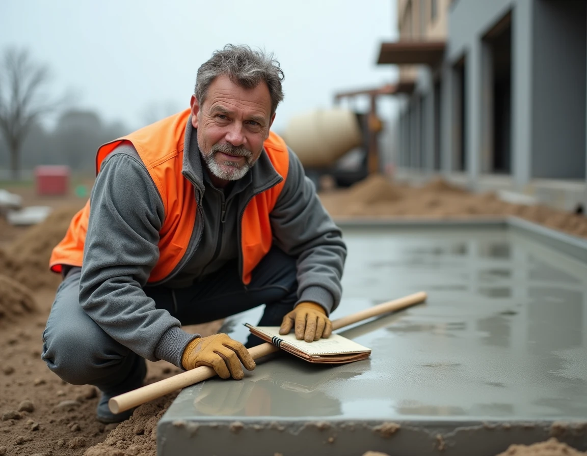 Ouvrier en chantier mesurant une dalle béton avec un carnet de calculs pour estimer le dosage en matériaux