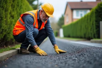 Ouvrier inspectant une surface d'enrobé drainant posé sur une allée en pente devant une maison individuelle