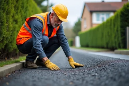 Ouvrier inspectant une surface d'enrobé drainant posé sur une allée en pente devant une maison individuelle