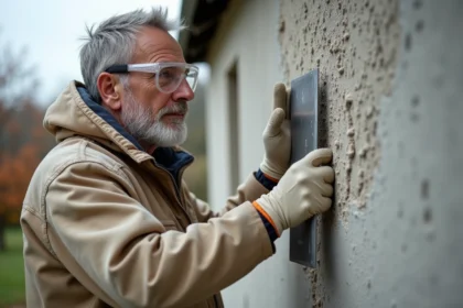 Ouvrier grattant un crépi sur une façade en isolation thermique par l'extérieur, avec panneaux de polystyrène apparents