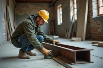 Ouvrier mesurant un profilé IPN en acier lors d'une ouverture de mur porteur dans un appartement en rénovation