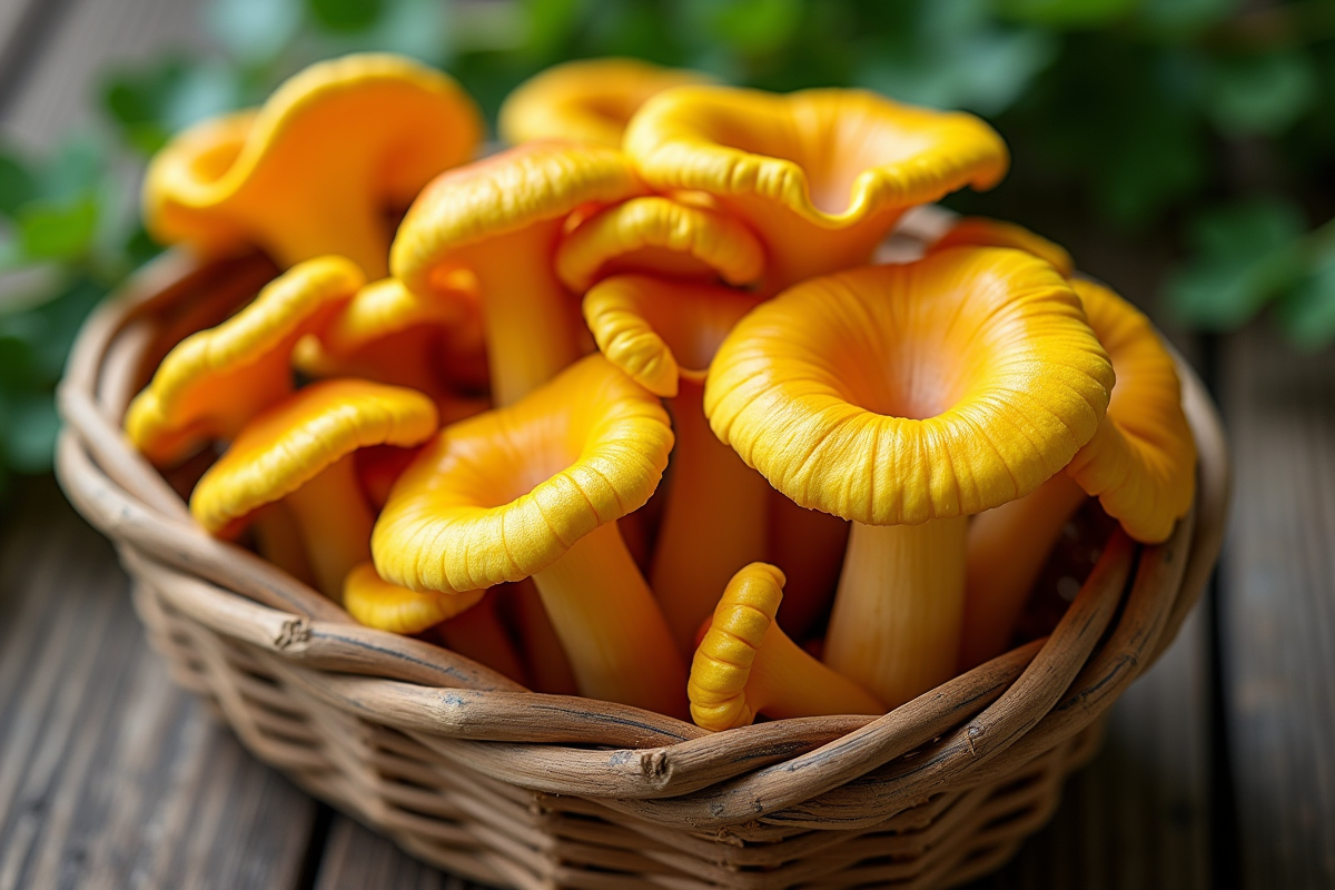 Chanterelles jaunes dans un panier en bois sur une table de jardin