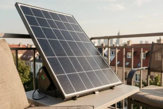 Panneau solaire plug and play avec batterie intégrée installé sur un balcon d'appartement en milieu urbain