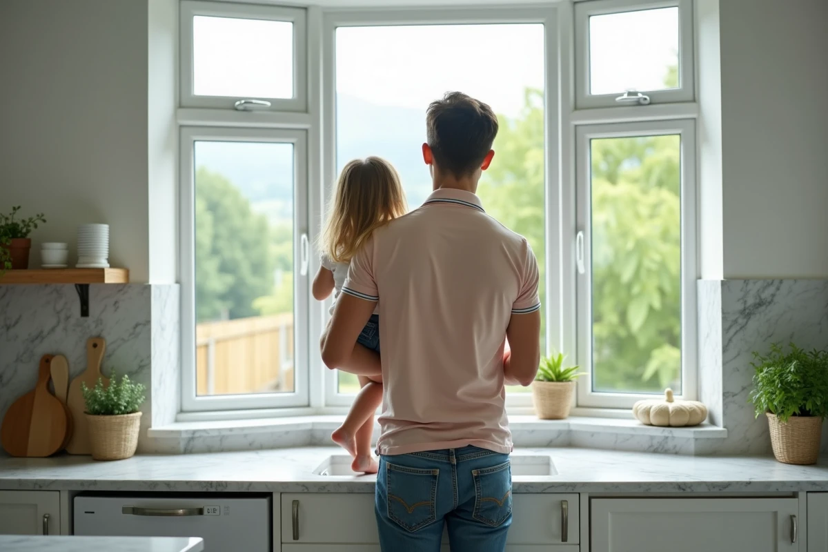 Père et fille regardant par une grande fenêtre en cuisine