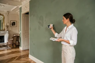 Décoratrice examinant une peinture murale mate vert sauge dans un salon luxueux parisien avec parquet en chêne et moulures en plâtre